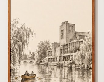 Grabado de Stratford upon Avon / Boceto del Teatro Shakespeare / Barca de remos en el río / Sauce
