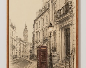 May include: A framed pencil sketch of a London street scene featuring a red telephone box, a tall street lamp, and the Big Ben clock tower in the distance. The drawing depicts multi-story buildings with balconies along a paved sidewalk.