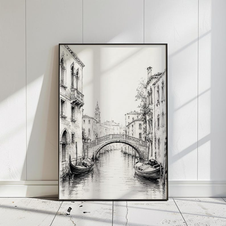 Venice Poster | Pencil Sketch Art | Italy Painting | Canal Drawing | Black and White Print image 3