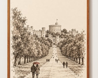 Lámina del Castillo de Windsor / Arte de Long Walk / Boceto de viaje por Inglaterra / Arte mural en tinta sepia / Póster de monumento británico