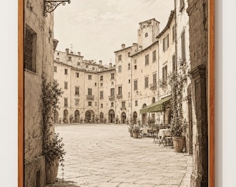 Lámina de Lucca, Italia / Arte mural de plaza de la Toscana / Póster con boceto a tinta / Decoración de viaje de arquitectura italiana