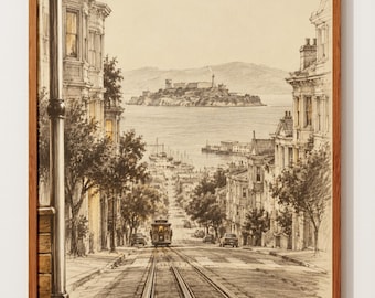 San Francisco Print |Cable Car Sketch | Alcatraz Island View | Pen and Ink Travel Art | California Poster