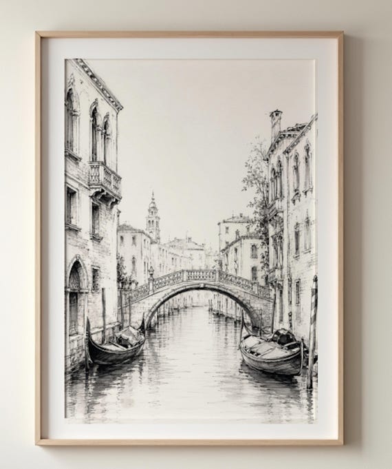 Venice Poster | Pencil Sketch Art | Italy Painting | Canal Drawing | Black and White Print