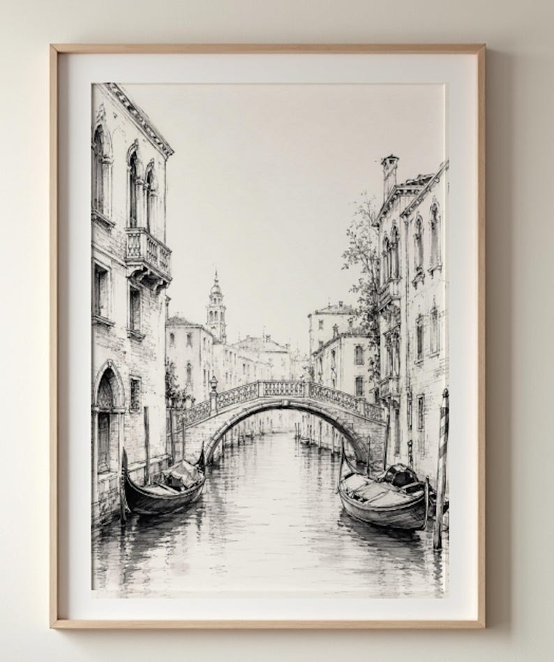 Venice Poster | Pencil Sketch Art | Italy Painting | Canal Drawing | Black and White Print image 1