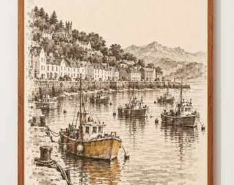 Arte de puerto escocés / Boceto a tinta de barcos de pesca / Pueblo costero / Póster de pared con lámina artística de la costa de las Tierras Altas