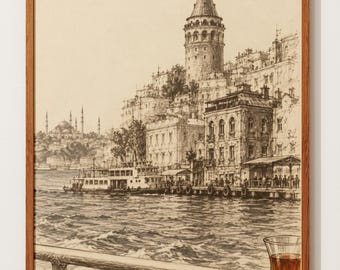 Istanbul Poster | Galata Tower Sketch Print | Bosphorus Ferry | Turkish Tea Pen Drawing | Vintage World Travel Art