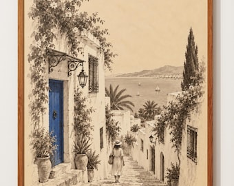 Sidi Bou Said Print | Tunisia Blue Door Art | Mediterranean Sketch | Whitewashed Street Decor | Sea View Poster