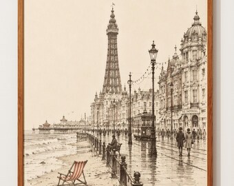 Póster de Blackpool / Lámina de la Torre / Boceto de paseo marítimo vintage / Arte mural costero inglés / Arte retro de tranvías