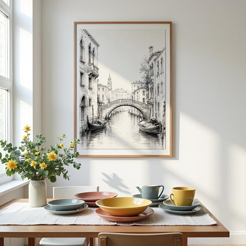 Venice Poster | Pencil Sketch Art | Italy Painting | Canal Drawing | Black and White Print image 2