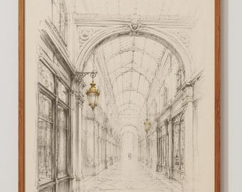 May include: A framed architectural sketch of a long, covered shopping arcade with high arched ceilings and glass storefronts. The drawing is rendered in black and white ink with two prominent, detailed gold-colored hanging lanterns.