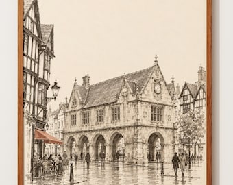Grabado de Shrewsbury / Arte del antiguo mercado / Boceto a tinta / Arte mural de una ciudad inglesa / Arquitectura de Shropshire