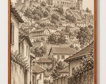 Hilltop Palace Art | Pen and Ink Sketch | Cobbled Lane Old Town Art Print | Travel Wall Art