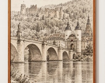 Heidelberg Print | Germany Old Bridge and Castle Pen Sketch | European Travel Poster | Neckar River