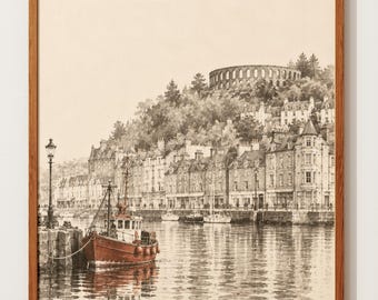 Arte del puerto de Oban / Viajes a Escocia / Boceto de la Torre McCaig / Arte mural costero escocés / Barco de pesca rojo