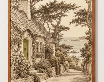 Boceto de una cabaña en Carmel-by-the-Sea / Dibujo costero a pluma y tinta / Pared de un camino costero de California