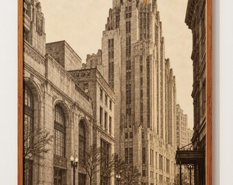 Detroit Skyline Art | Art Deco Skyscraper Print | Vintage Pen and Ink Sketch | Historic City Architecture Wall Art