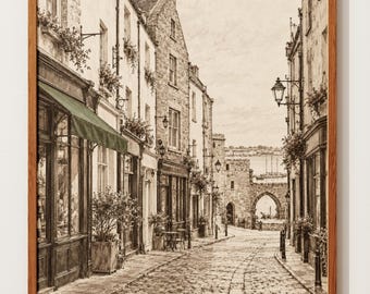 Galway Street Print | Ireland Cobbled Stone Sketch | Vintage Ink Drawing | Irish Town Wall Art