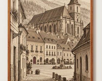 Brasov Wall Art | Black Church Pen Sketch | Romania Travel Poster |  Gothic Architecture | Old Town Cobbled Street