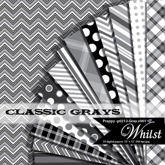 Chevron digital paper gray, stripe and silver polka dot papers, scrapbook plaid paper gray and black : p0212 Gray v001C IP Il_570xn
