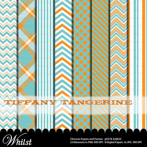 Orange and Aqua digital paper chevron blue clipart , Aqua clip art frames, Polka dot blue orange paper pack : p0218 3s0622 IP Il_570xn