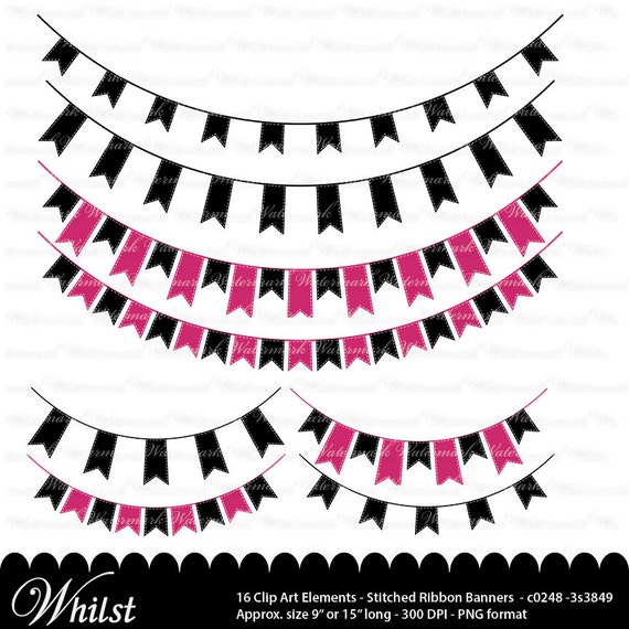 Pink and Black Banner clip art - fuschia ribbon clipart graphics, ribbon bunting black scrapbook : c0248 3s3849 Il_570xn