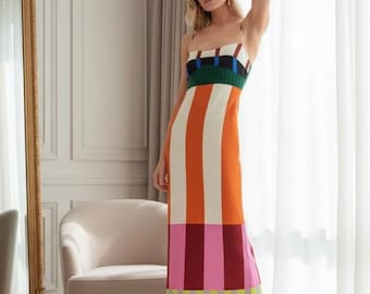 Vestido largo bohemio a rayas para mujer, vestido largo de talle alto con tirantes finos, vestido de verano informal y colorido para fiestas / Hecho a medida