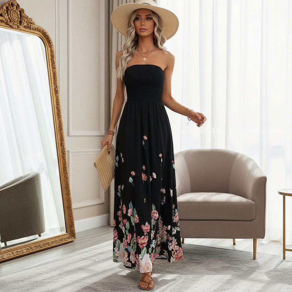 floral tube maxi dress Navy Floral Mesh Ruffled Strapless Maxi Dress | Womens | Small (Available in M) | 100% Polyester | Lulus | Homecoming