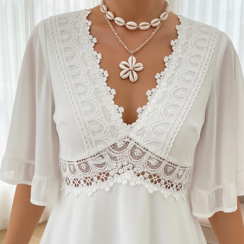 Puede incluir: Un vestido blanco con escote en V y detalles de encaje. El vestido presenta mangas cortas con bordes con volantes y un panel de encaje decorativo en la cintura. Un collar en capas con colgantes de concha a&ntilde;ade un toque de elegancia.