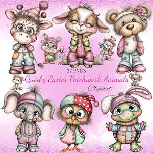 Könnte beinhalten: Eine Sammlung skurriler Patchwork-Tier-Clipart in Pastellfarben. Das Bild zeigt eine Giraffe, eine Ziege, einen Bären, ein Eichhörnchen, einen Elefanten, eine Eule und eine Schildkröte, alle in farbenfrohen Outfits. Der Text lautet "37 PNG's Quirky Easter Patchwork Animals Clipart."