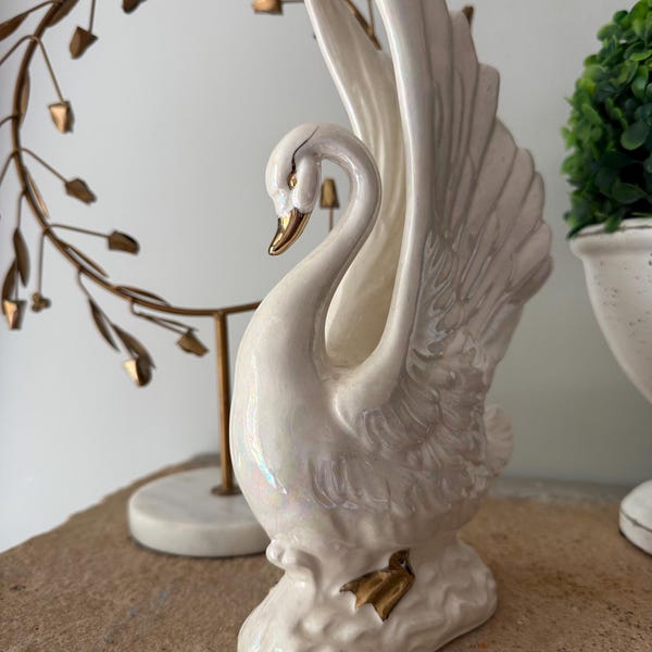 Vintage Japanese Ceramic Swan, Large White Iridescent Swan Figurine, Gold Accent Mantel Decor, Hollywood Regency