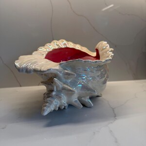Peut inclure: Bol décoratif en céramique en forme de coquillage irisé. Le bol a une finition nacrée avec un bord festonné et un intérieur rouge vif. L'extérieur de la coquille présente des détails texturés, créant une pièce d'accent côtier unique.