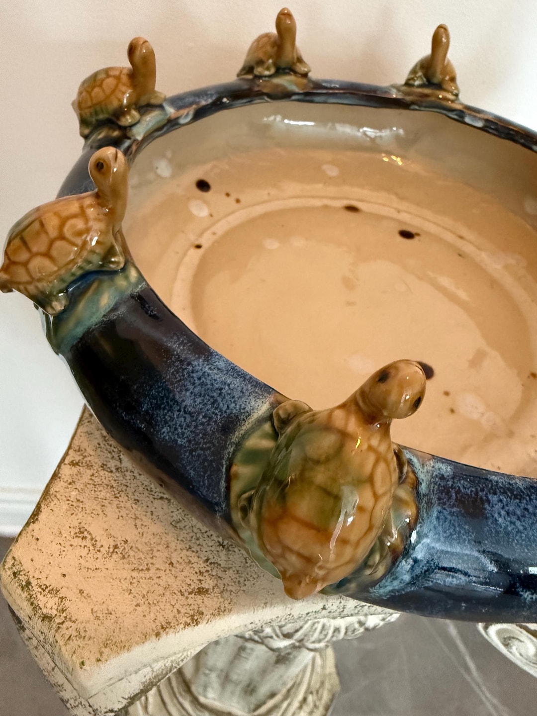 Vintage Majolica Turtle Rim Planter Bowl – 8 Turtles Around Edge – Blue ...