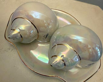 Vintage Italian Shell Form Salt and Pepper Shakers with Tray, Iridescent Lusterware Coastal Decor, Hand Painted Ceramic Made in Italy