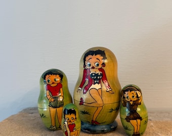 Vintage Betty Boop Wooden Nesting Dolls | Hand Painted Russian Matryoshka Set | 4 Piece Folk Art Collectible | Betty Boop Decor
