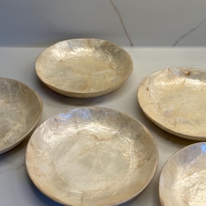 Peut inclure: Un ensemble de cinq bols circulaires peu profonds présentant une finition translucide et irisée avec un aspect texturé et superposé dans des tons crème, beige et blanc cassé. Chaque bol a un bord lisse et arrondi et une surface légèrement concave.