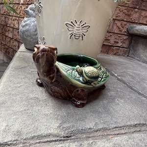 Vintage Ceramic Turtle Planter with Baby Turtle, Green Glazed Tortoise Bowl, Mid Century Woodland Decor, Succulent Planter, Cottagecore Deco