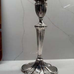 Vintage English Silver Plate Candlestick, 12” Tall Scalloped Base Candle Holder, Silver on Copper, Made in England