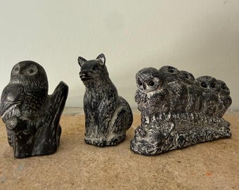 Vintage Canadian Wildlife Figurines Set | WEO Wolf Originals & Owl Sculptures | Faux Soapstone Cabin Decor | Hand Made in Canada
