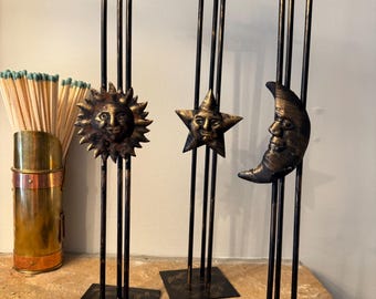 Vintage Celestial Metal Candle Holders Set of 3 | Sun Moon Star Candlesticks | Boho Gothic Decor | Black Gold Iron Candleholders