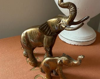 Vintage Brass Elephant Figurines Mother Baby Pair Trunk Up Lucky Elephant Decor Mid Century Brass Animal Set