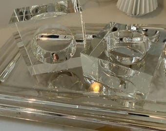Par de portavelas de cristal grueso vintage firmados por Oleg Cassini, portavelas votivos cúbicos de estilo cristal, decoración moderna de lujo