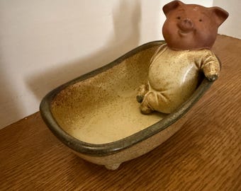 Vintage Ceramic Pig Trinket Dish, Farmhouse Kitchen Decor, Cottagecore Animal Tray, Rustic Stoneware Catchall, 1970s Country Home Decor
