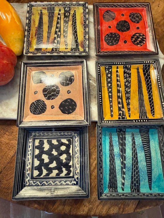 Vintage African Soapstone Coasters 4x4 Set of 6 Hand Painted Etched Stone Trinket Dishes Boho Tribal Decor