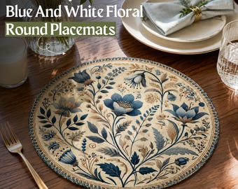 Set of 4 French Blue Floral Round Placemats, Cottagecore Table Mats, Blue White Washable Dining Decor, 16 Inch