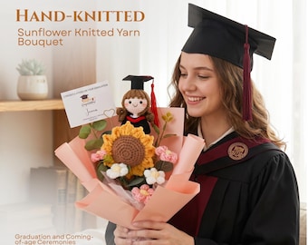 Graduation Doll Bouquet Handmade Sunflower Crochet Flowers Gift Keepsake Desk Decor 13.8in Boho Personalized Card