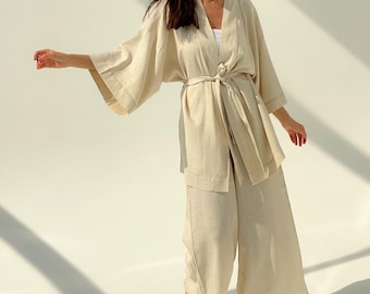 Linen Two Piece Set Women - Kimono Top and Wide Leg Pants Outfit, Minimalist Summer Resort Wear Suit Linen Lounge Set