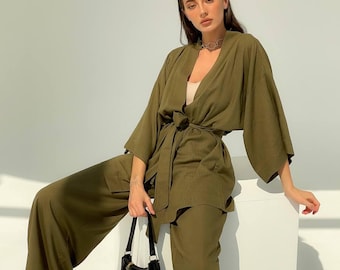 Linen Kimono Set for Women – 100% Linen Lounge Set, Two Piece Outfit, Relaxed Fit Linen Clothing Set
