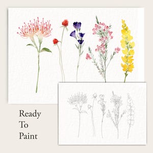 May include: Watercolor floral art prints featuring various flowers in shades of pink, yellow, purple, and red. The prints include a line drawing version of the flowers. The text "Ready To Paint" is displayed on the bottom left.