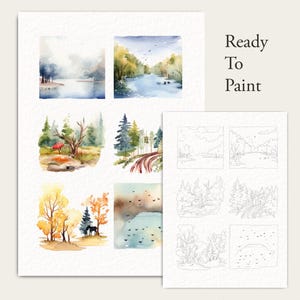 Könnte beinhalten: Aquarell-Landschaftskunst-Drucke mit ruhigen Naturszenen, darunter Seen, Wälder und eine kurvenreiche Straße. Die Drucke sind in Blau-, Grün- und Gelbtönen gehalten, mit dem Text "Ready To Paint".