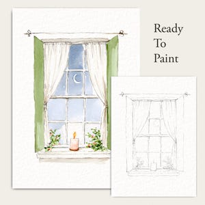 May include: Watercolour painting of a window scene at night. The window has green shutters, white curtains, and a view of a crescent moon and stars. A lit candle sits on the windowsill, with floral accents. The text "Ready To Paint" is visible.